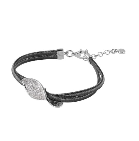 .925 Sterling Silver Black Rhodium Plated Italian Bracelet With Micro Pave Cz Curved Accent