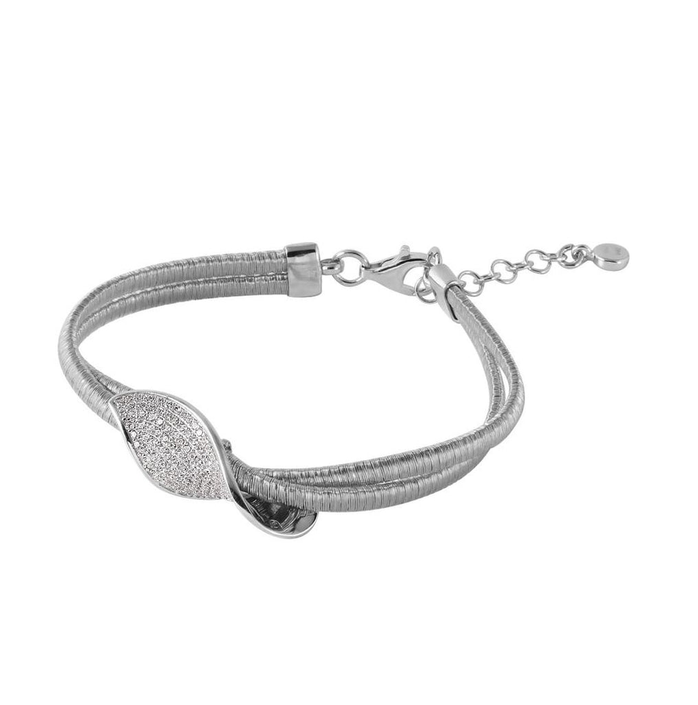 .925 Sterling Silver Rhodium Plated Italian Bracelet With Micro Pave Cz Curved Accent