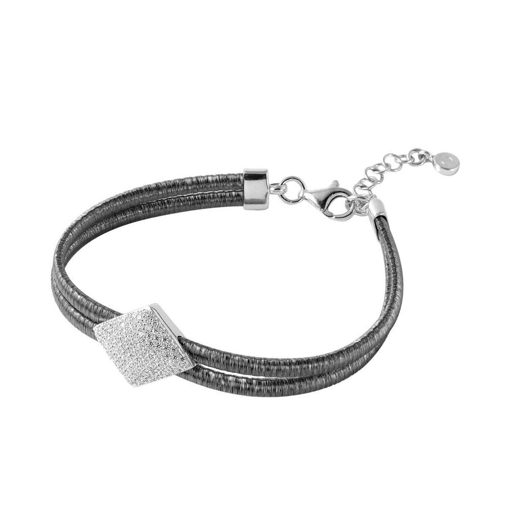 .925 Sterling Silver Black Rhodium Plated Italian Bracelet With Micro Pave Cz Diamond Shaped Accent