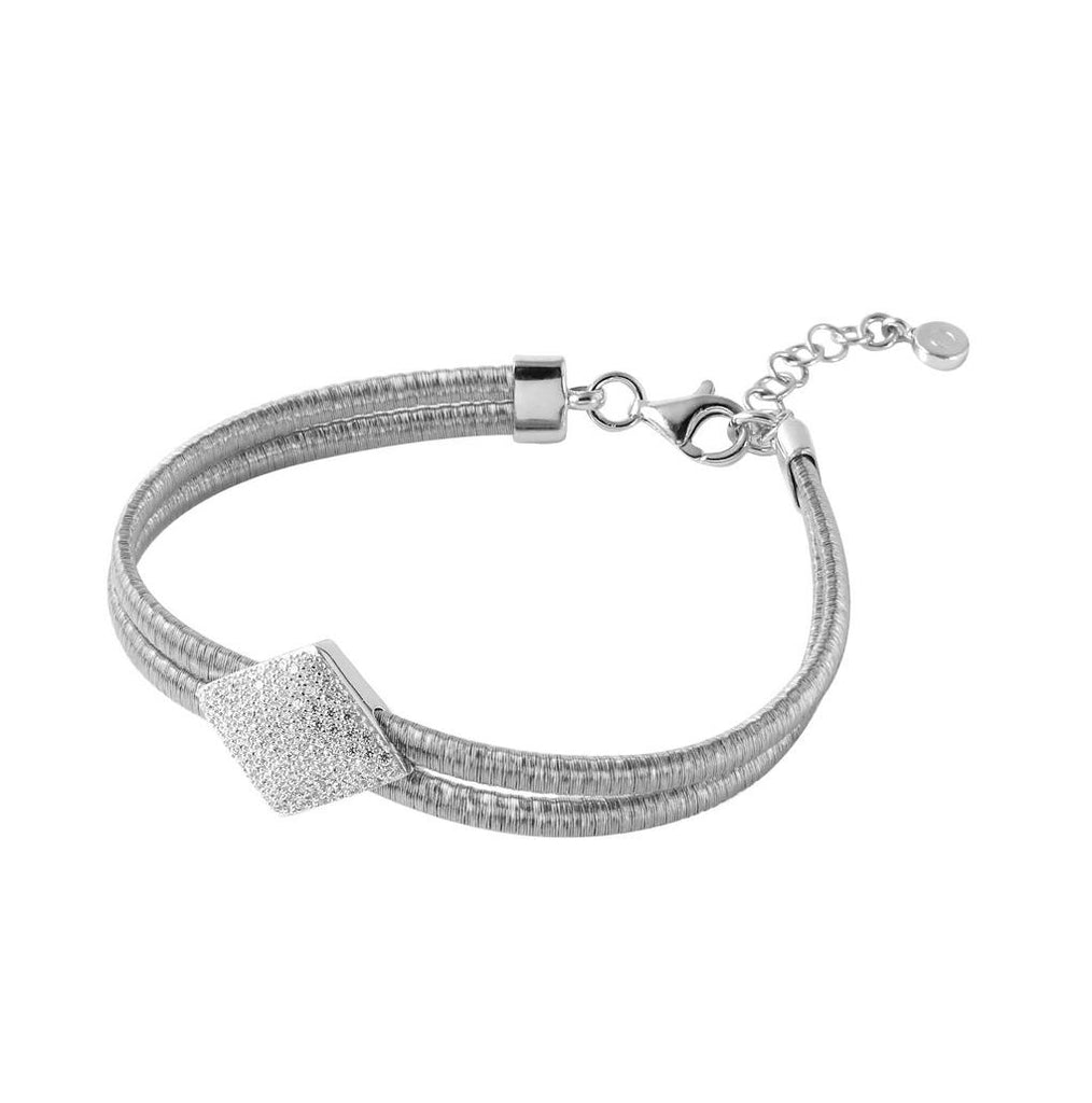 .925 Sterling Silver Rhodium Plated Italian Bracelet With Micro Pave Cz Diamond Shaped Accent