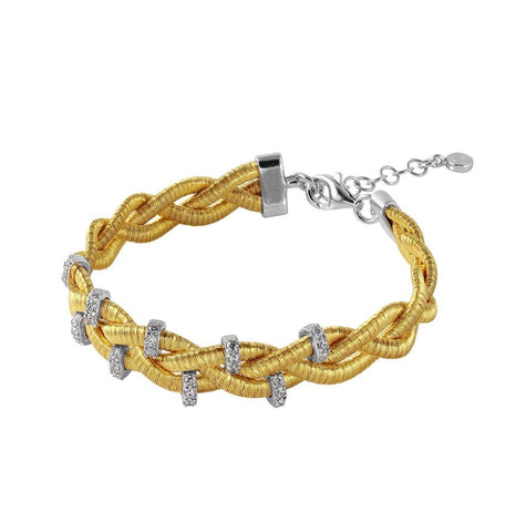 .925 Sterling Silver Gold Plated Braided Italian Bracelet With Small Cz Bar Accents