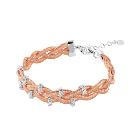 .925 Sterling Silver Rose Gold Plated Braided Italian Bracelet With Small Cz Bar Accents