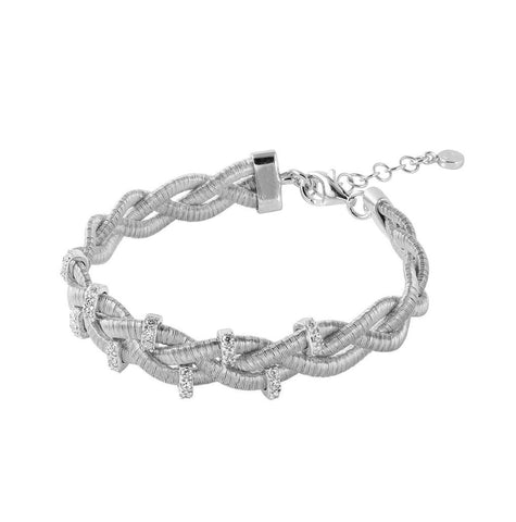 .925 Sterling Silver Rhodium Plated Braided Italian Bracelet With Small Cz Bar Accents