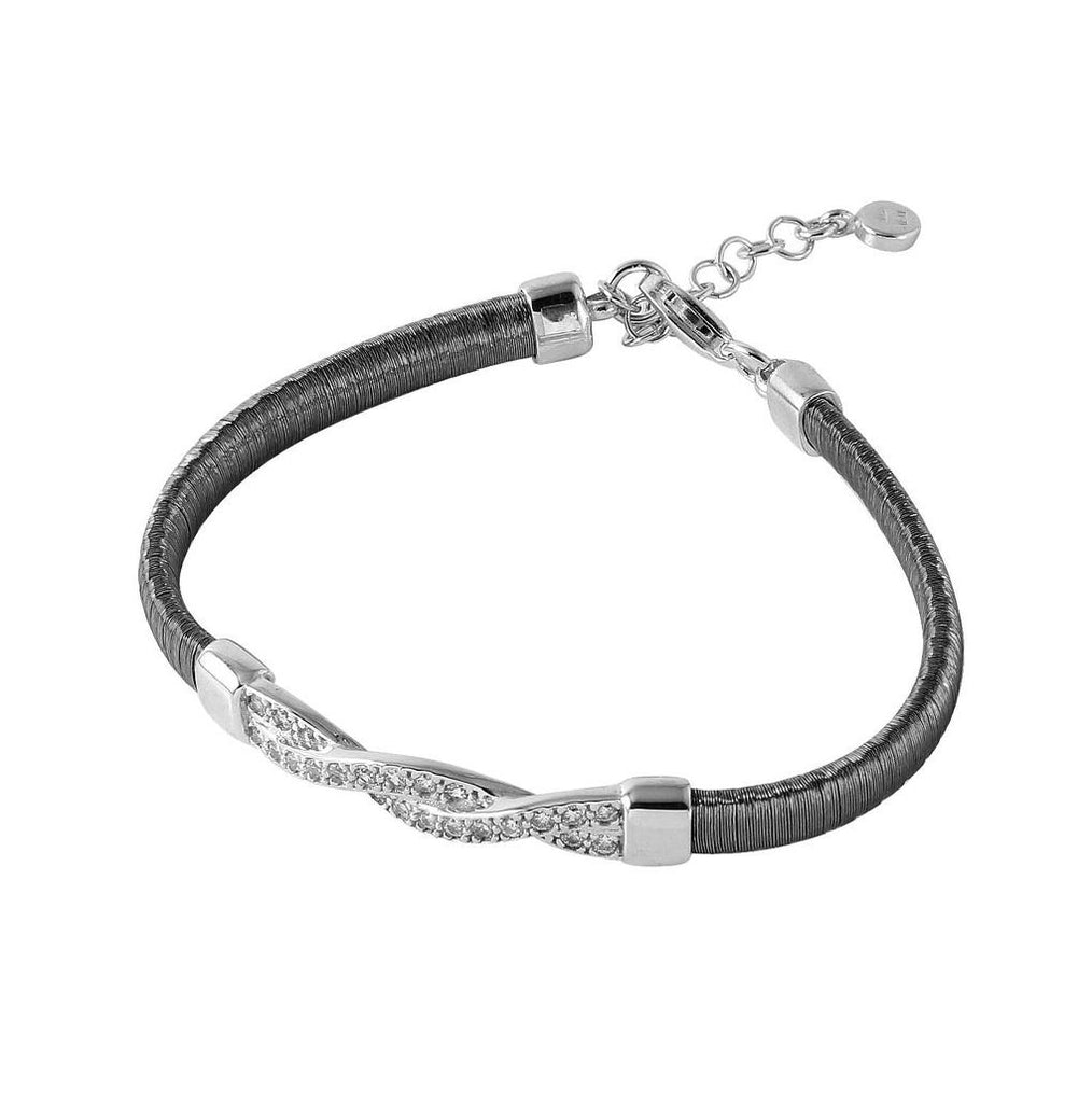 .925 Sterling Silver Black Rhodium Plated Italian Bracelet With Twisted Cz Inlay Accent