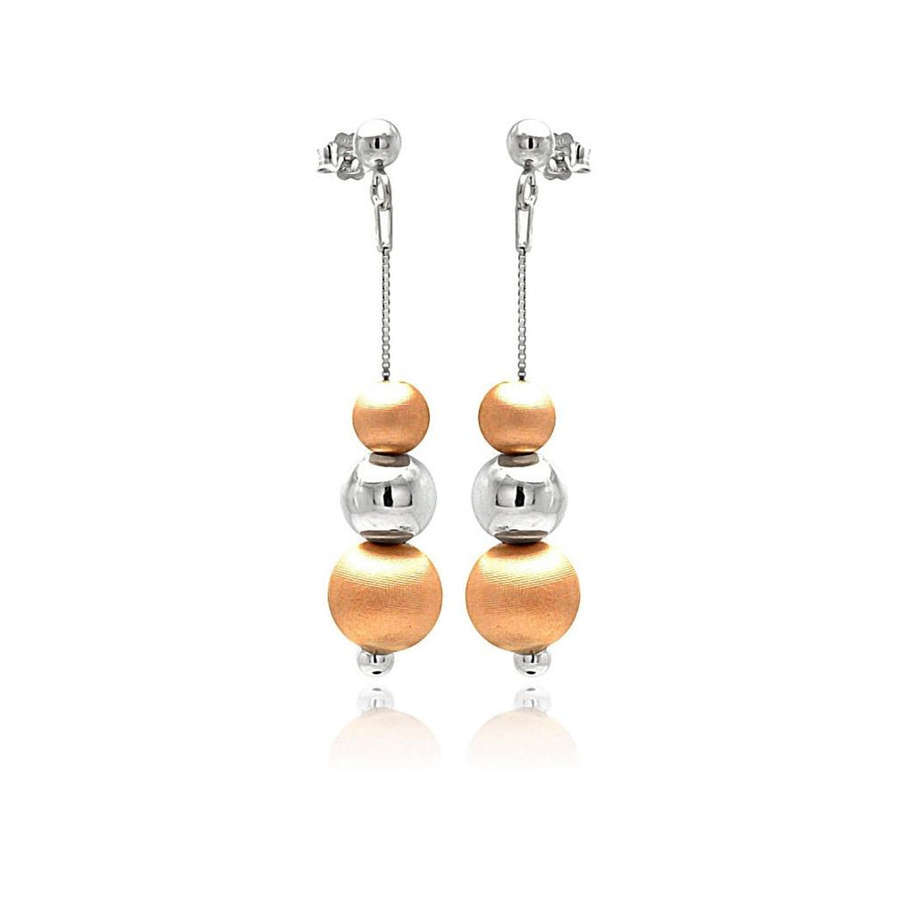 .925 Sterling Silver Rhodium & Rose Gold Plated Wire Dangling Graduated Bead Stud Earring