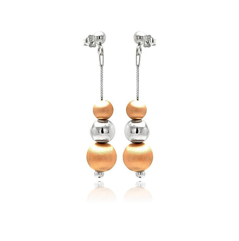 .925 Sterling Silver Rhodium & Rose Gold Plated Wire Dangling Graduated Bead Stud Earring