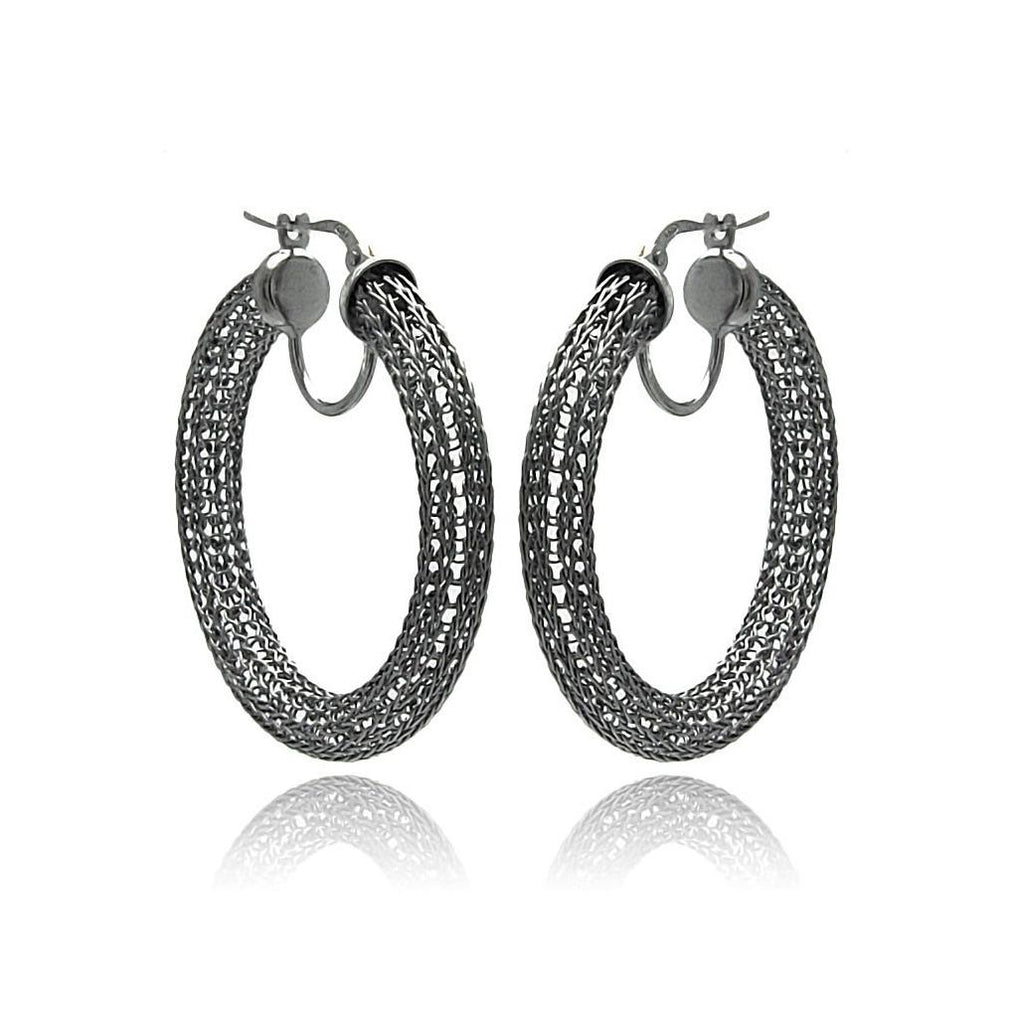 .925 Sterling Silver Black Rhodium Mesh Plated Hoop Earring