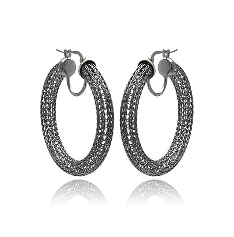 .925 Sterling Silver Black Rhodium Mesh Plated Hoop Earring