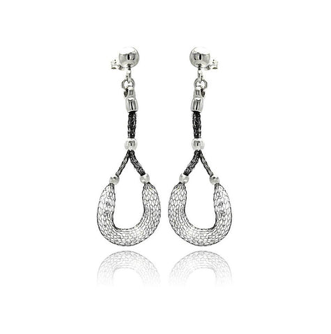 .925 Sterling Silver Black Rhodium Plated Dangling Horse Shoe Design Mesh Stud Earring