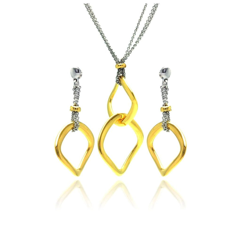 .925 Sterling Silver Gold & Rhodium Plated Open Square Dangling Necklace & Earring Set