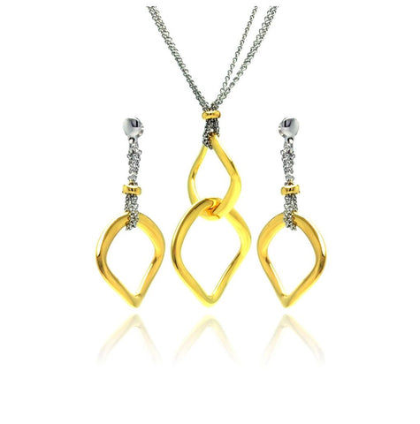 .925 Sterling Silver Gold & Rhodium Plated Open Square Dangling Necklace & Earring Set