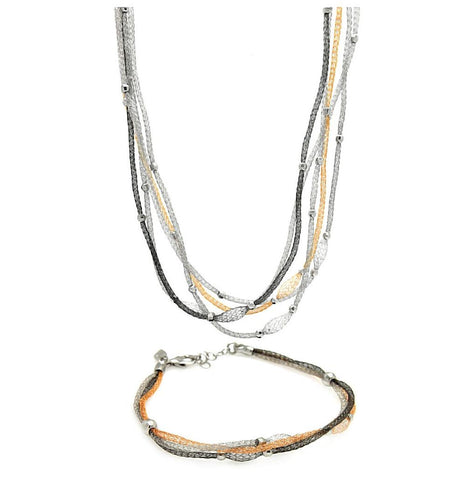 .925 Sterling Silver Gold & Rose Gold & Rhodium Plated Mesh Necklace & Earring Set