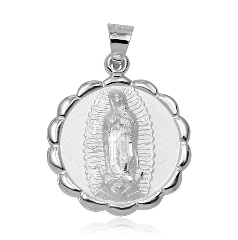 .925 Sterling Silver High Polished Our Lady Of Guadalupe Wave Edge Charm Pendant