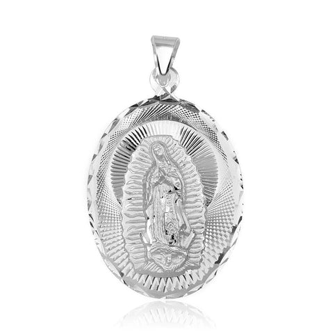 .925 Sterling Silver High Polished Diamond Cut Lady Of Guadalupe Medallion Pendant