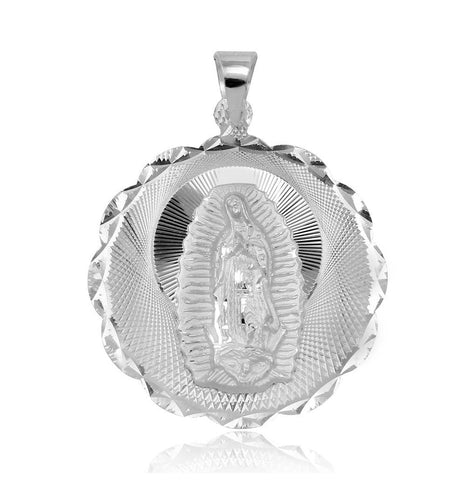 .925 Sterling Silver High Polished Dc Wavy Edge Round Lady Of Guadalupe Medallion Pendant