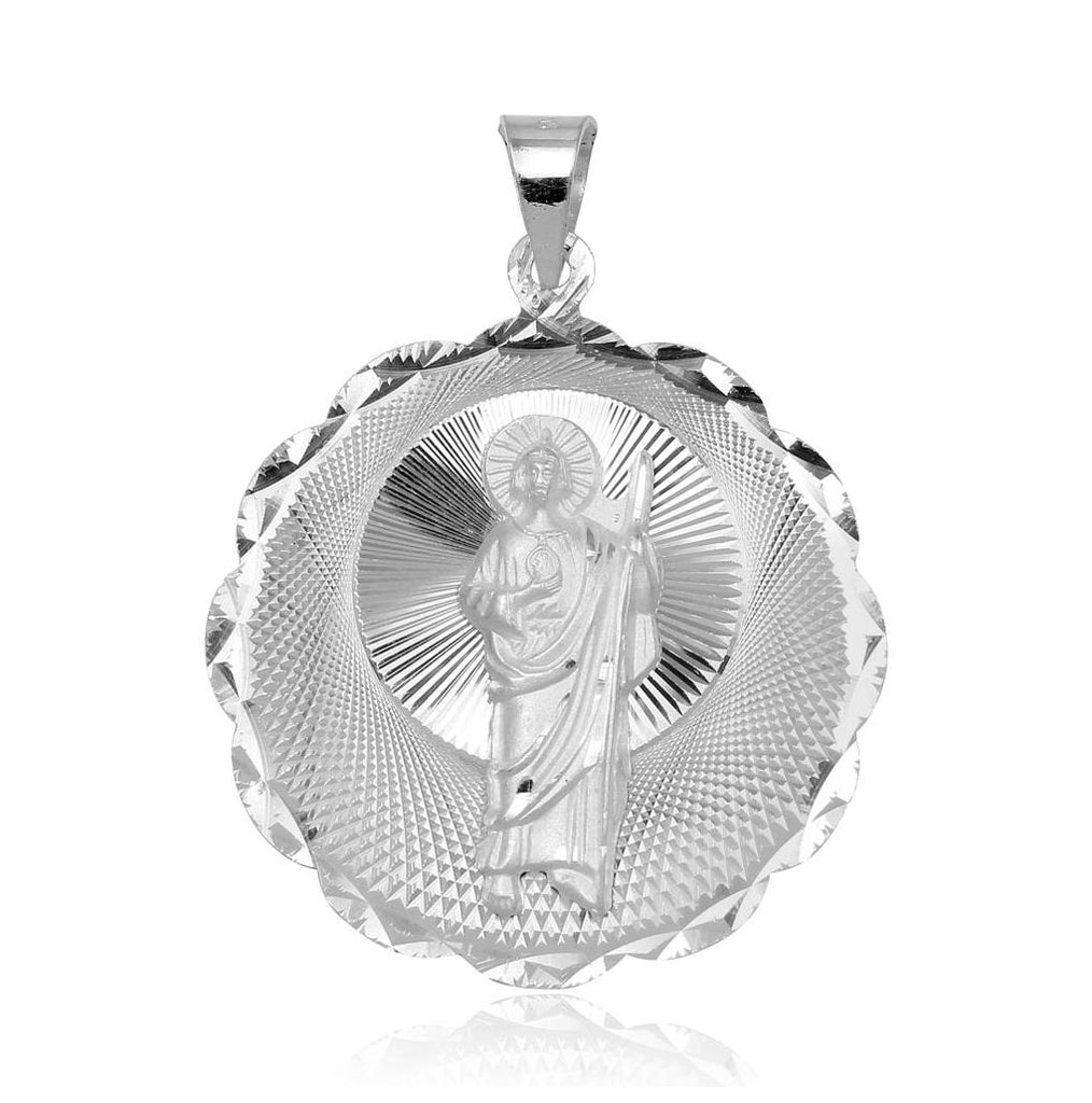 .925 Sterling Silver High Polished Dc Wavy Edge Round St. Jude Medallion Pendant