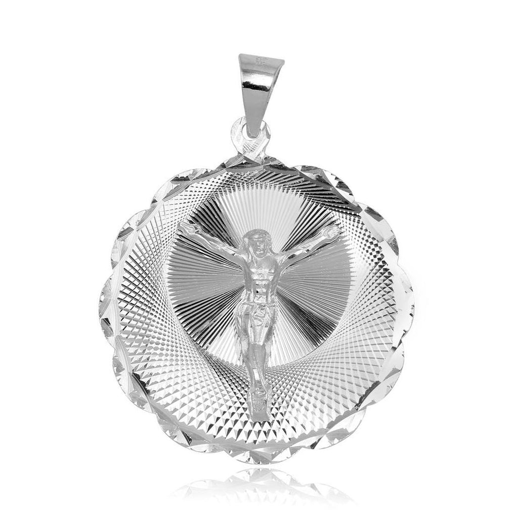 .925 Sterling Silver High Polished Dc Wavy Edge Round Crucifix Medallion Pendant