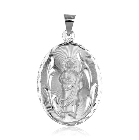 .925 Sterling Silver High Polished Oval St. Jude Medallion Pendant