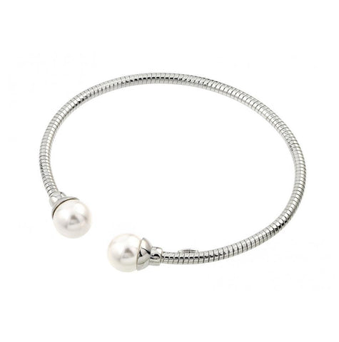 .925 Sterling Silver Rhodium Plated Italian Bangle Pearl Bracelet