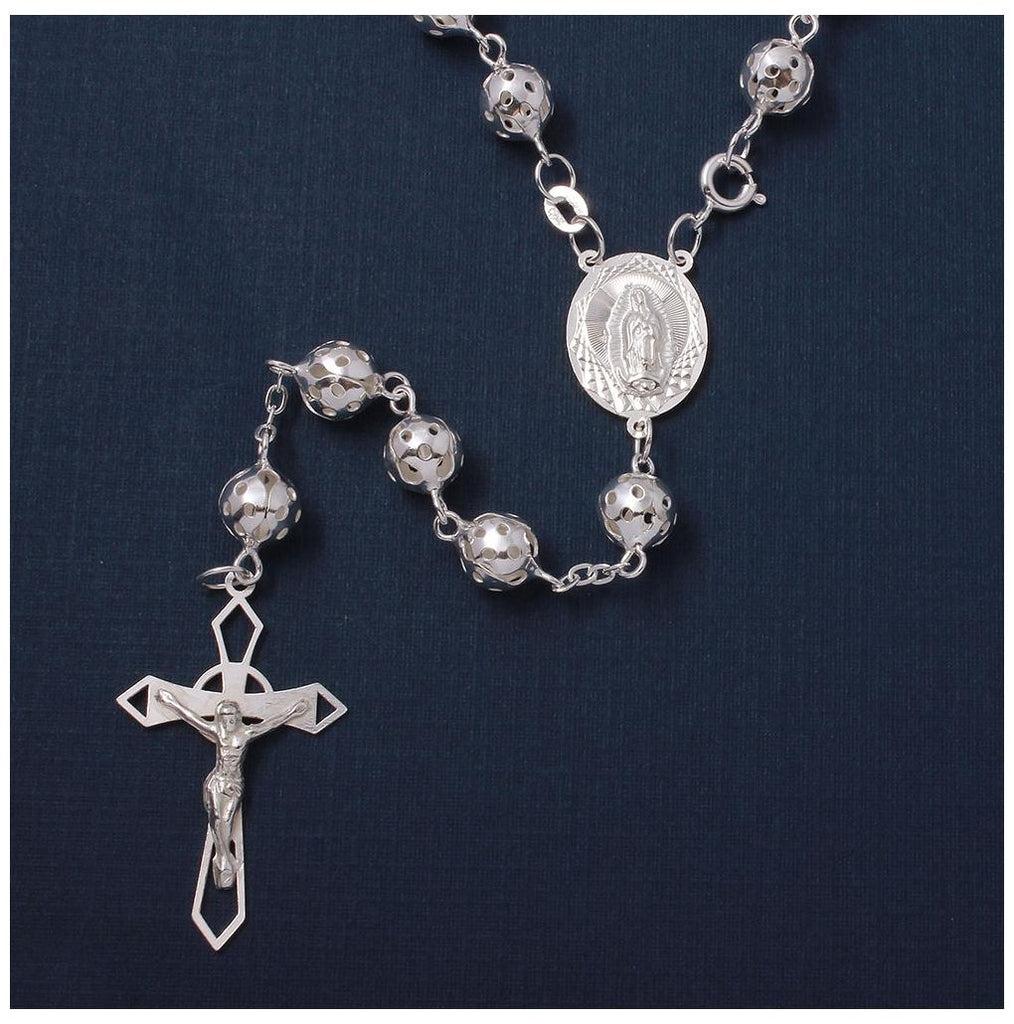 .925 Sterling Silver Filigree Rosary Necklace 7.4mm