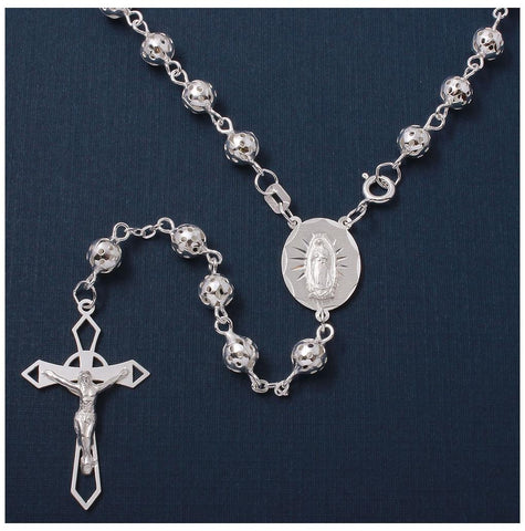 .925 Sterling Silver High Polished Filigree Rosary 5mm