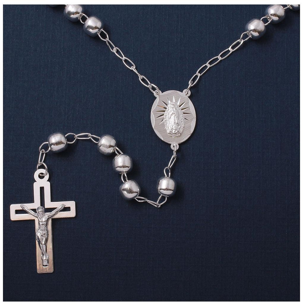 .925 Sterling Silver High Polished Open Cross Rosary 6mm