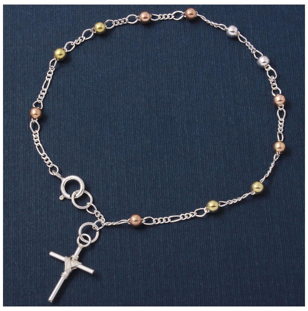 .925 Sterling Silver Rhodium 3 Toned Beads With Tied Up Cross Bracelet