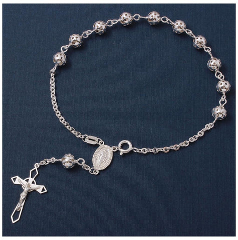 .925 Sterling Silver Filigree Rosary Bracelet 6.3mm