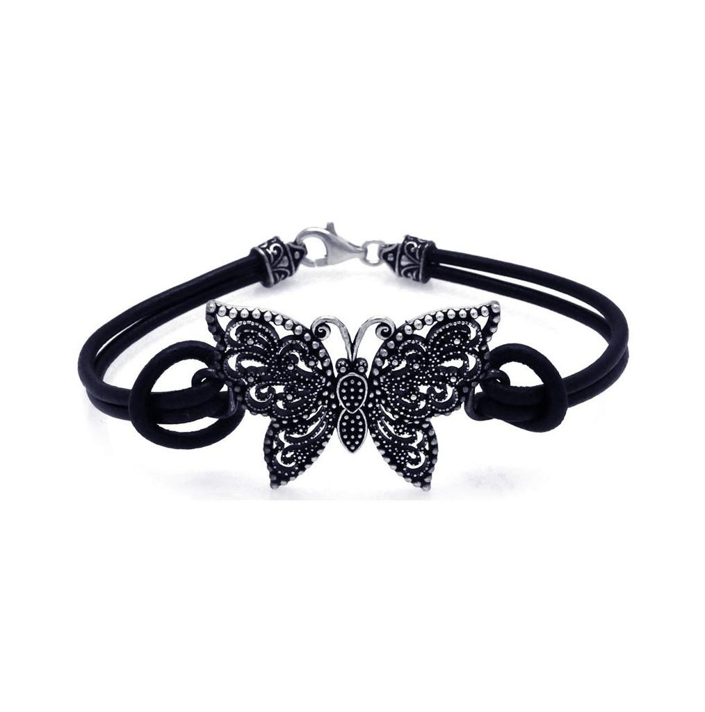 .925 Sterling Silver Oxidized Butterfly With Black Leather Bracelet