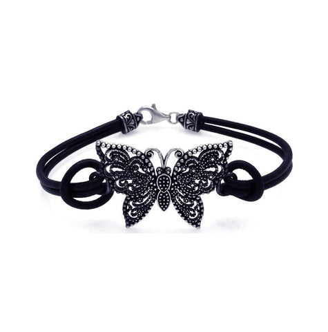 .925 Sterling Silver Oxidized Butterfly With Black Leather Bracelet