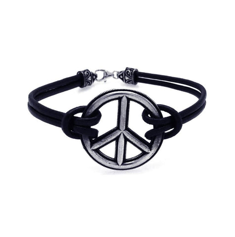 .925 Sterling Silver Oxidized Peace Sign With Black Leather Bracelet