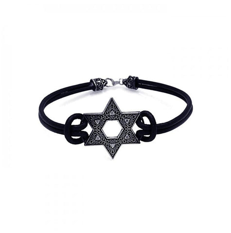 .925 Sterling Silver Oxidized Star Of David With Black Leather Bracelet