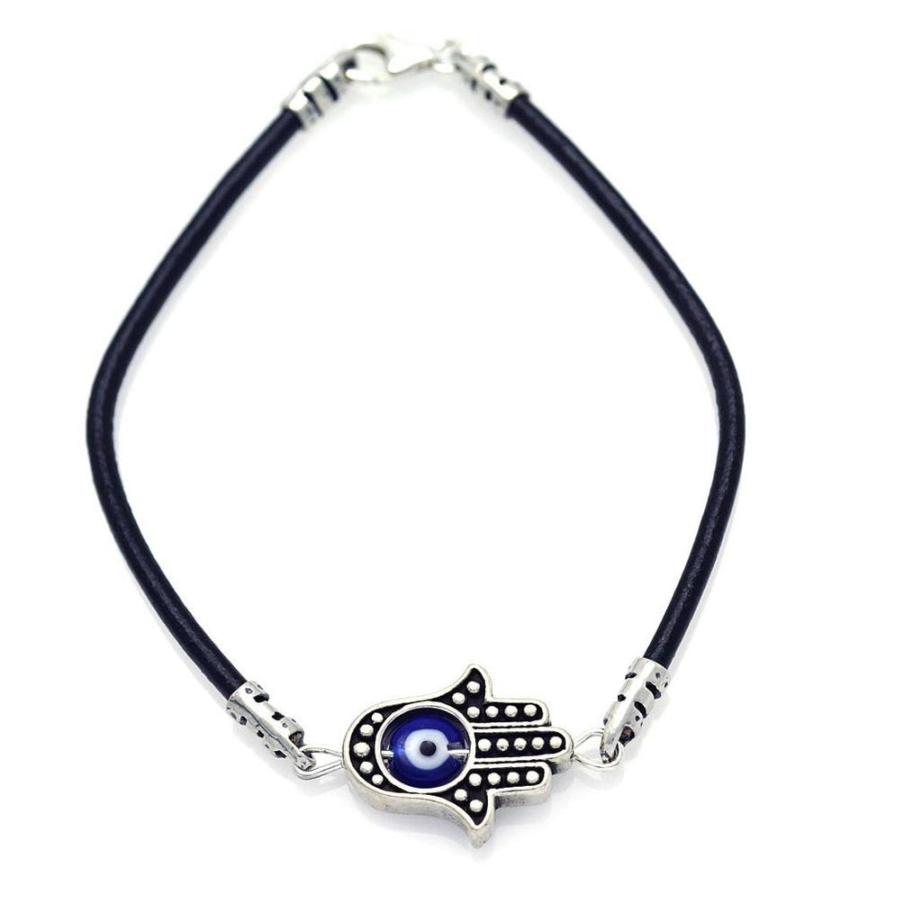 .925 Sterling Silver Oxidized Blue Evil Eye Hamsa Bracelet