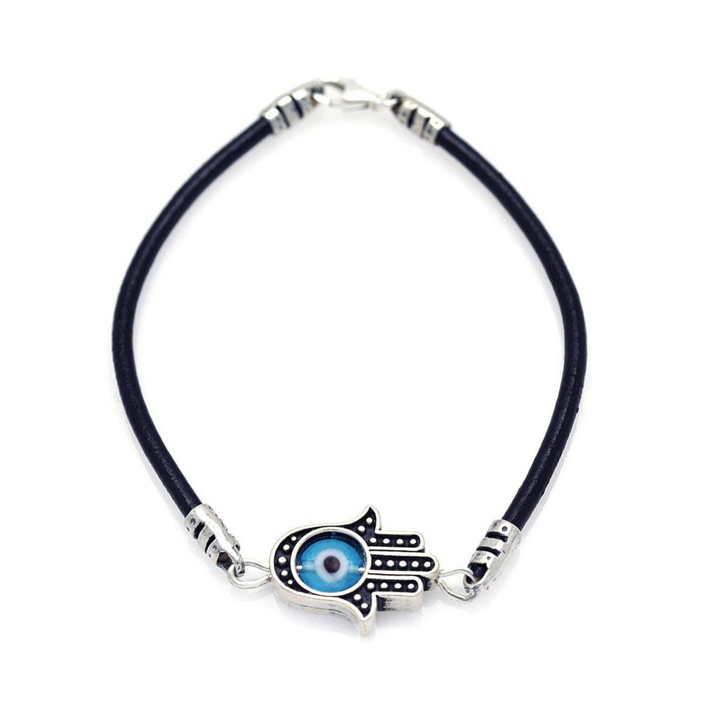 .925 Sterling Silver Oxidized Light Blue Evil Eye Hamsa Bracelet