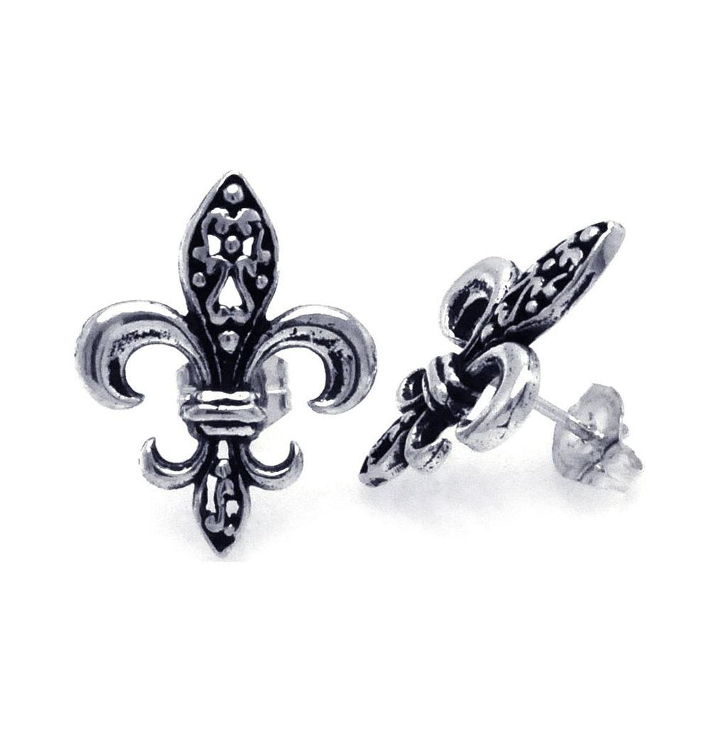 .925 Sterling Silver Oxidized Fleur De Lis Stud