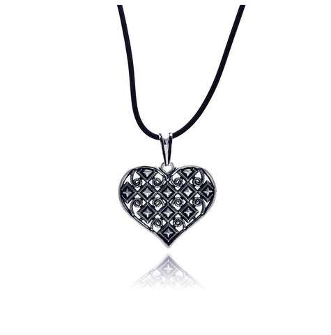 .925 Sterling Silver Oxidized Heart With Black Leather Necklace