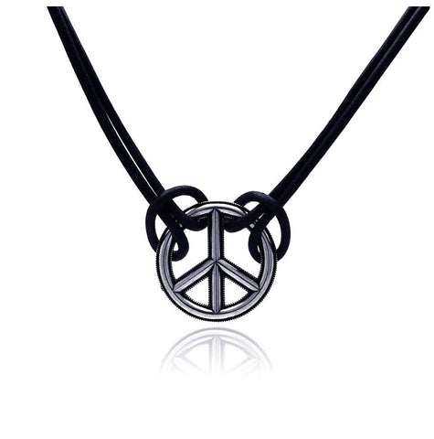 .925 Sterling Silver Oxidized Peace Sign With Black Leather Necklace