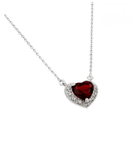 .925 Sterling Silver Rhodium Plated Red Heart Cz Inlay Necklace