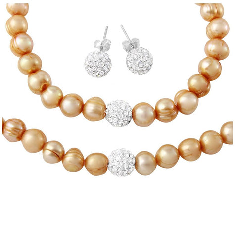 .925 Sterling Silver Fresh Water Champagne Pearl Necklace, Bracelet And Earrings Set With Cz Encrusted Beads