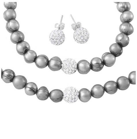 .925 Sterling Silver Fresh Water Grey Pearl Necklace, Bracelet And Earrings Set With Cz Encrusted Bead