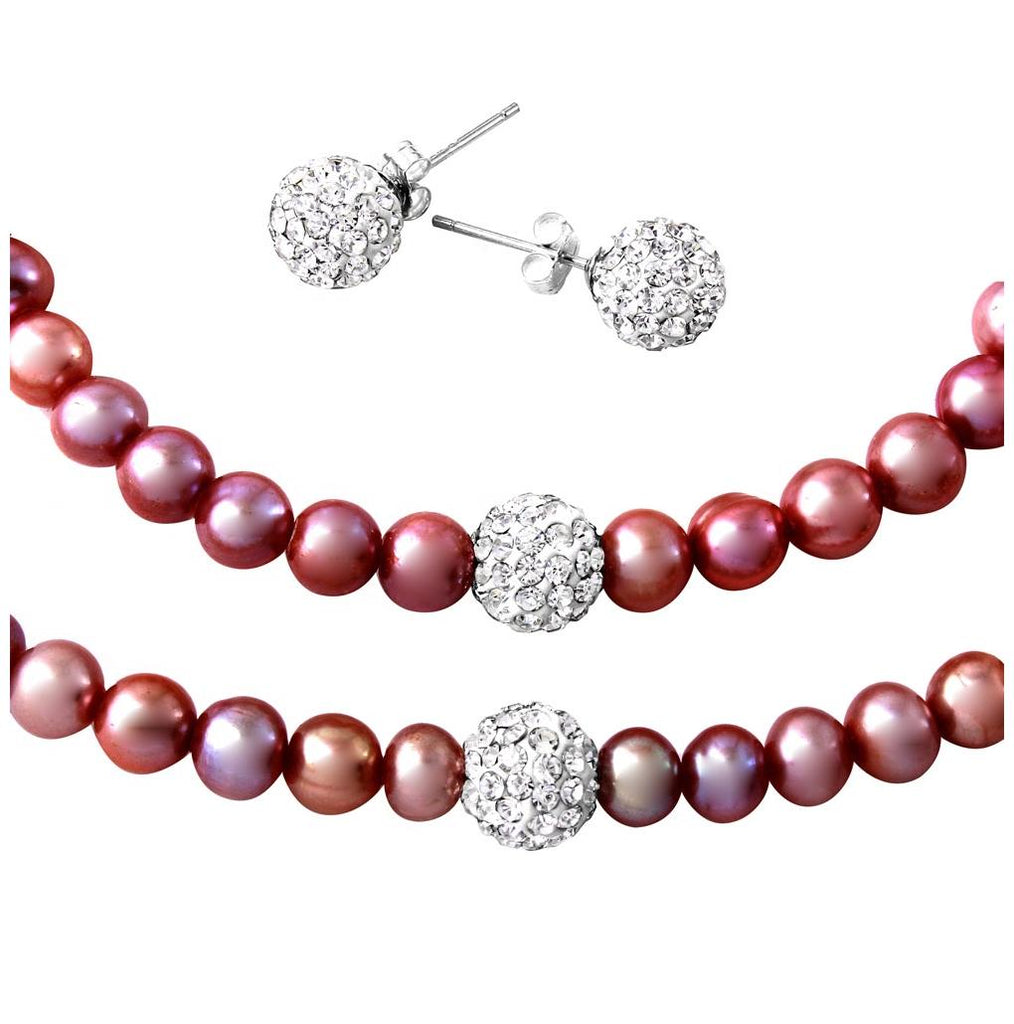 .925 Sterling Silver Fresh Water Pink Pearl Necklace, Bracelet And Earrings Set With Cz Encrusted Beads