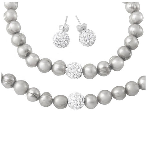 .925 Sterling Silver Fresh Water White Pearl Necklace, Bracelet And Earrings Set With Cz Encrusted Bead