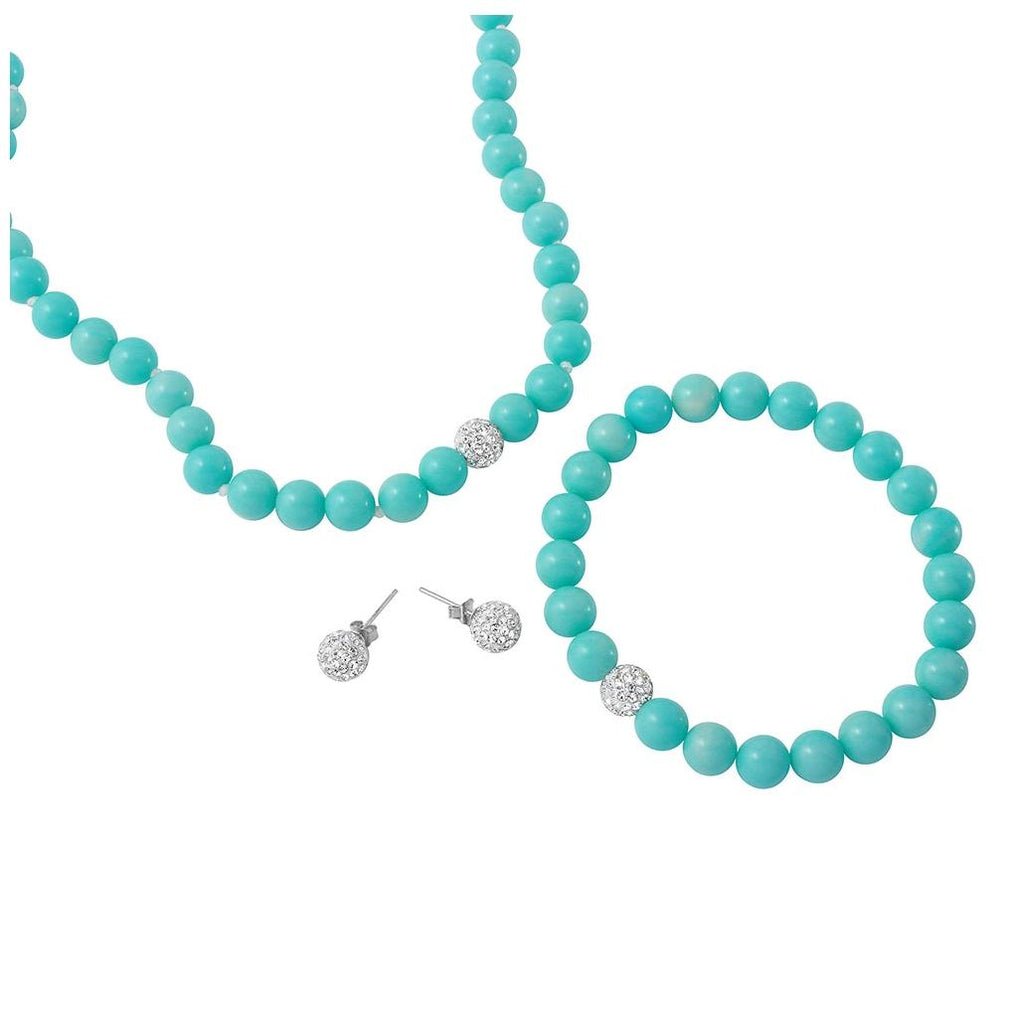 .925 Sterling Silver Turquoise Beads Necklace, Bracelet And Earrings Set With Cz Encrusted Bead