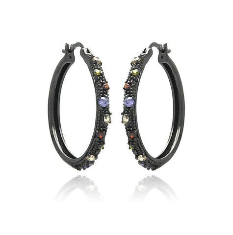 Brass Black Rhodium Multiple Color Cz Hoop Dangling Earring