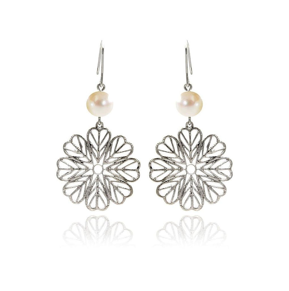 Brass Open Flower Pearl Rhodium Plated Earring