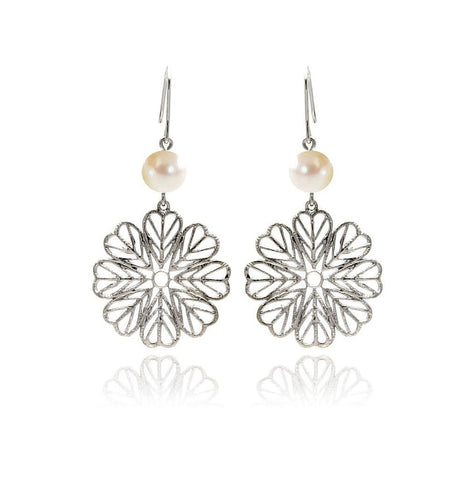 Brass Open Flower Pearl Rhodium Plated Earring