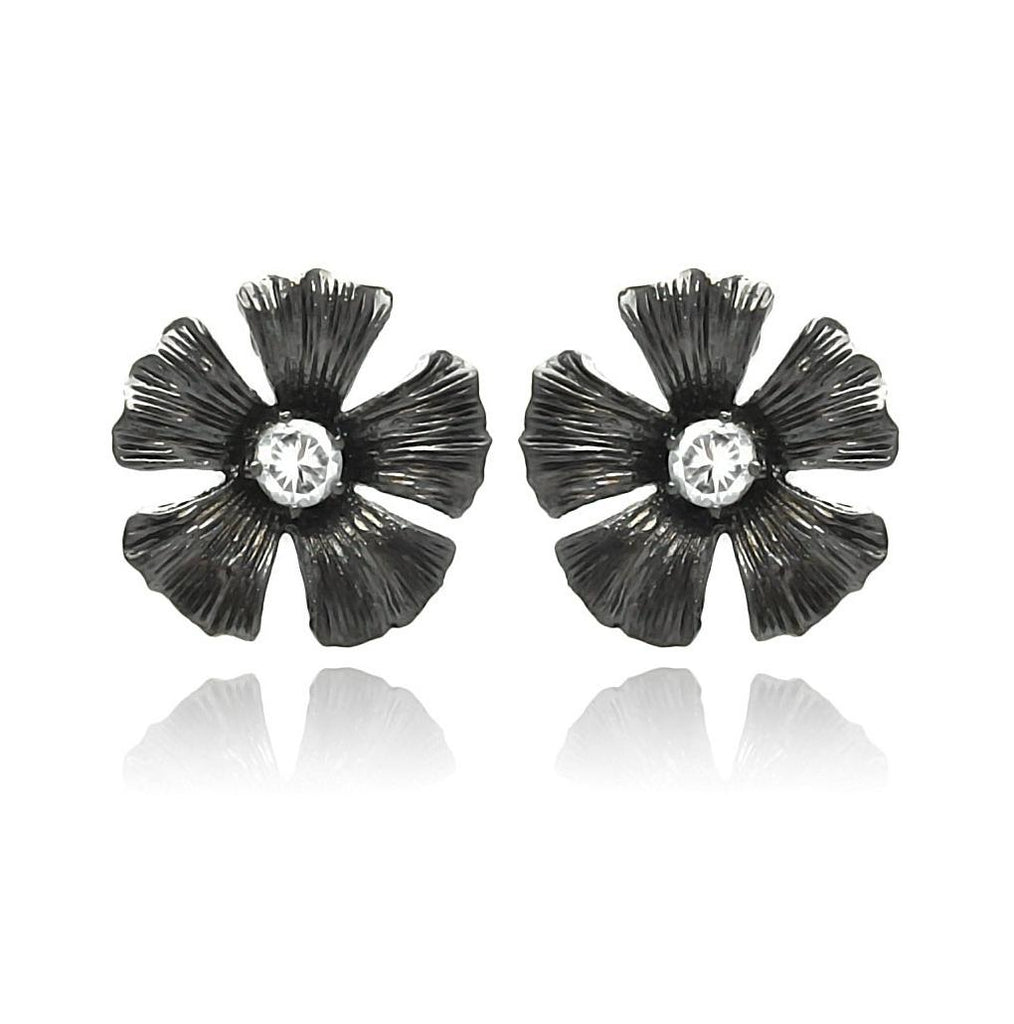 Brass Black Rhodium Flower Cz Stone Earring