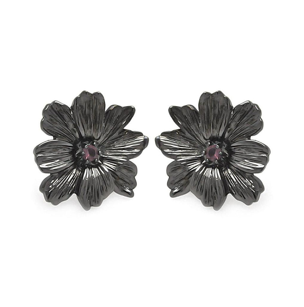 Brass Black Rhodium Flower Lavander Cz Stone Dangling Earring