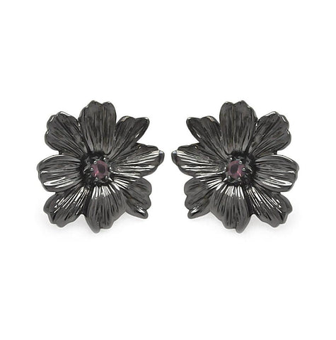 Brass Black Rhodium Flower Lavander Cz Stone Dangling Earring