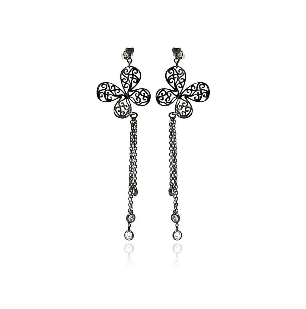 Brass Black Rhodium Butterfly Multiple Strand Stone Cz Dangling Earring